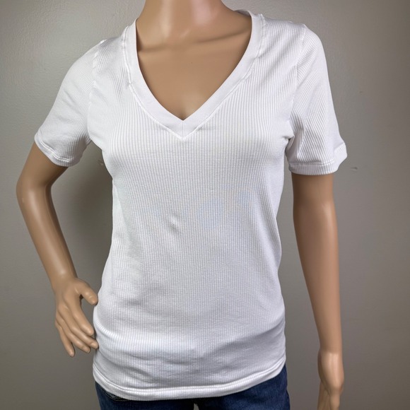 Athleta Tops - Athleta Ribbed V‑Neck Short Sleeve T‑Shirt Womens M White Soft Stretch Top